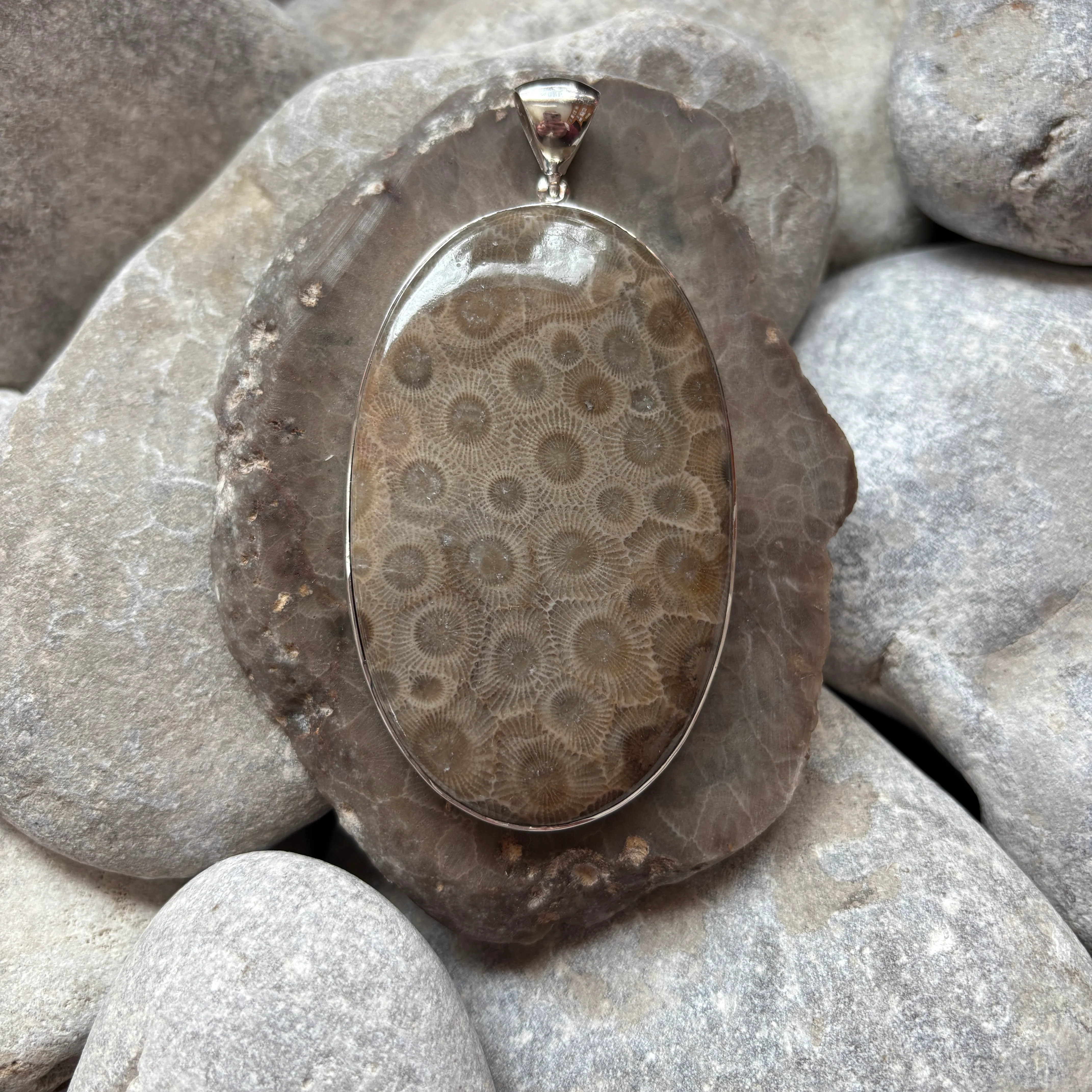 Petoskey Stone Necklace Pendant Encased in Sterling Silver Oval Shape - Image 2