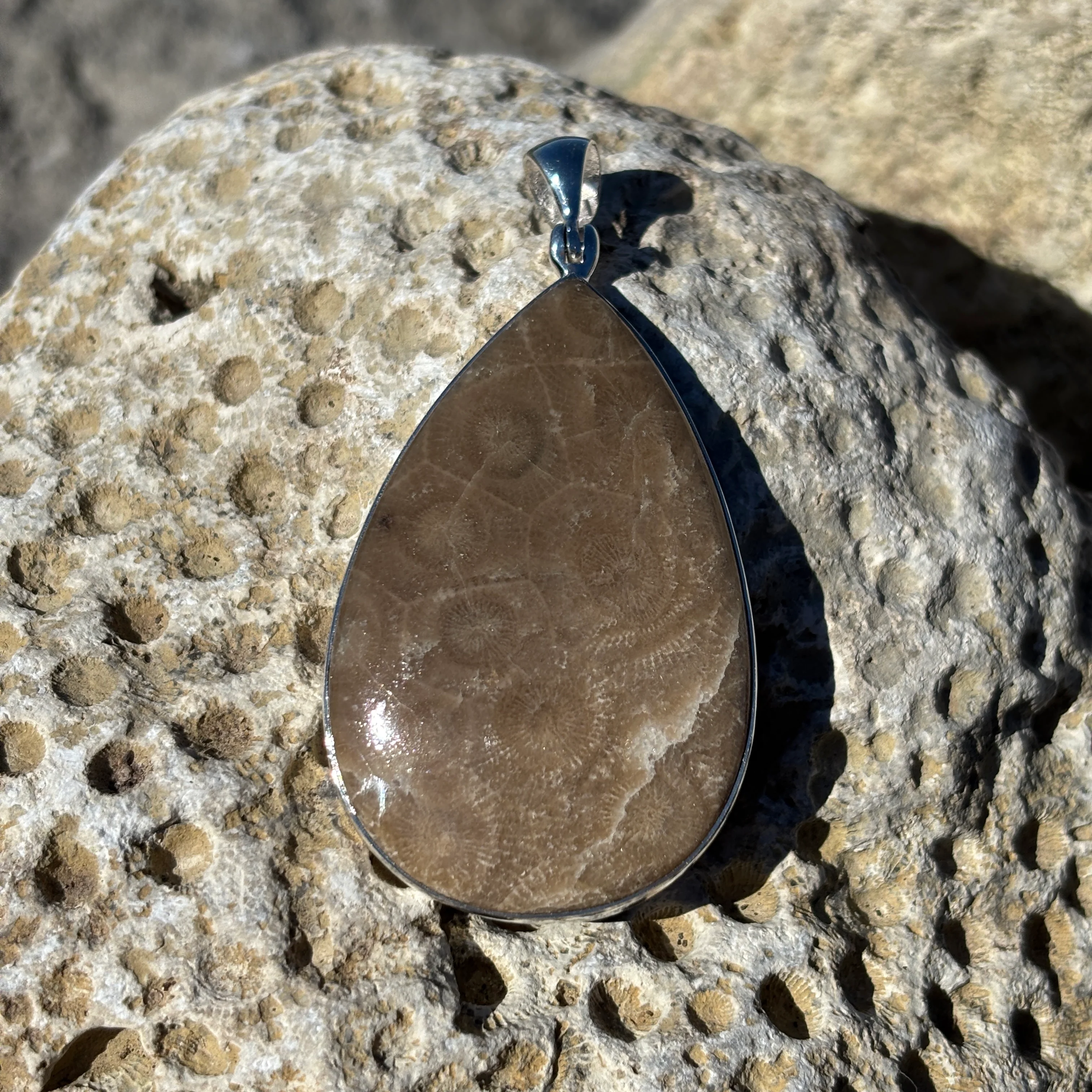 Petoskey Stone Necklace Pendant Encased in Sterling Silver Teardrop Shape - Image 2