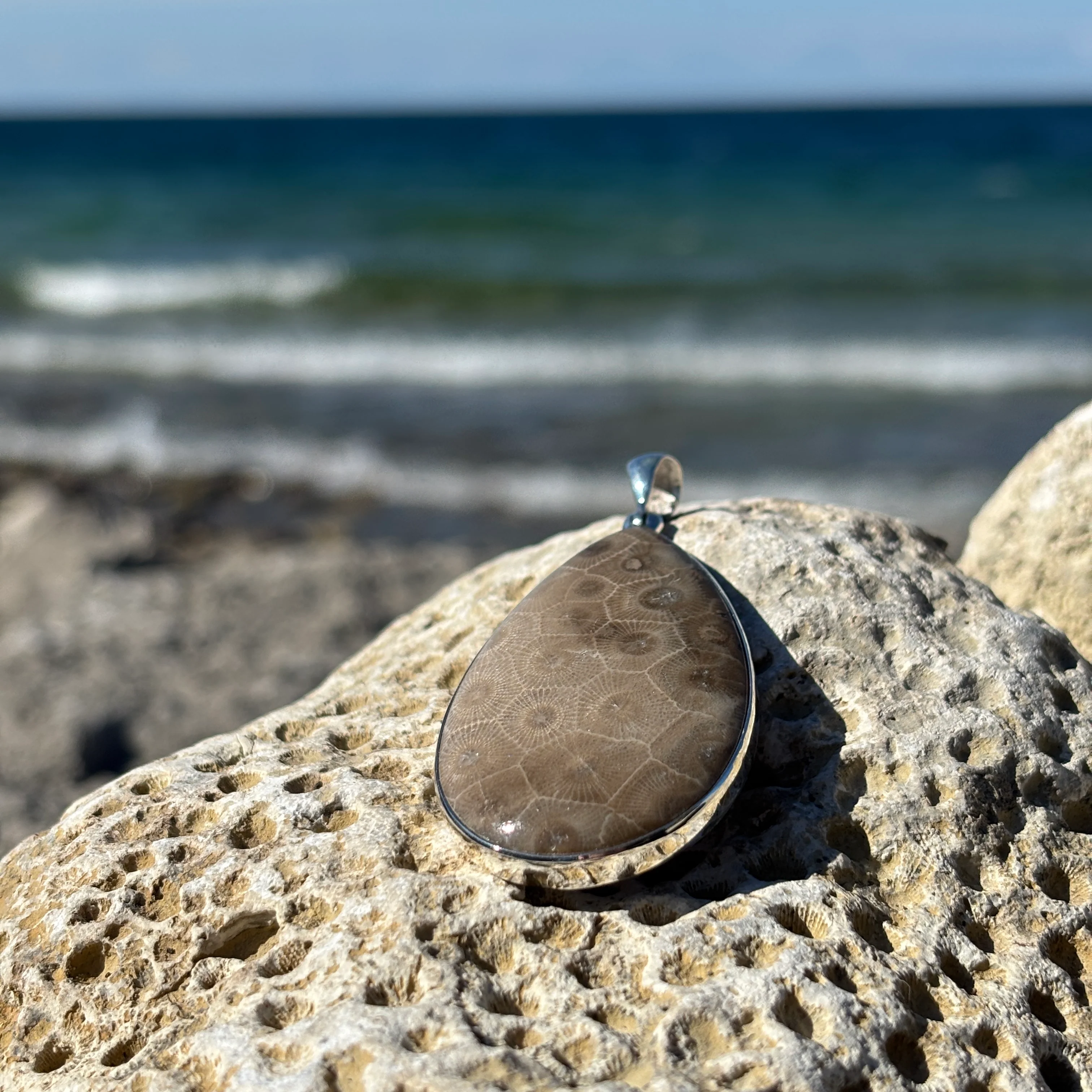 Petoskey Stone Necklace Pendant Encased in Sterling Silver Teardrop Shape - Image 3