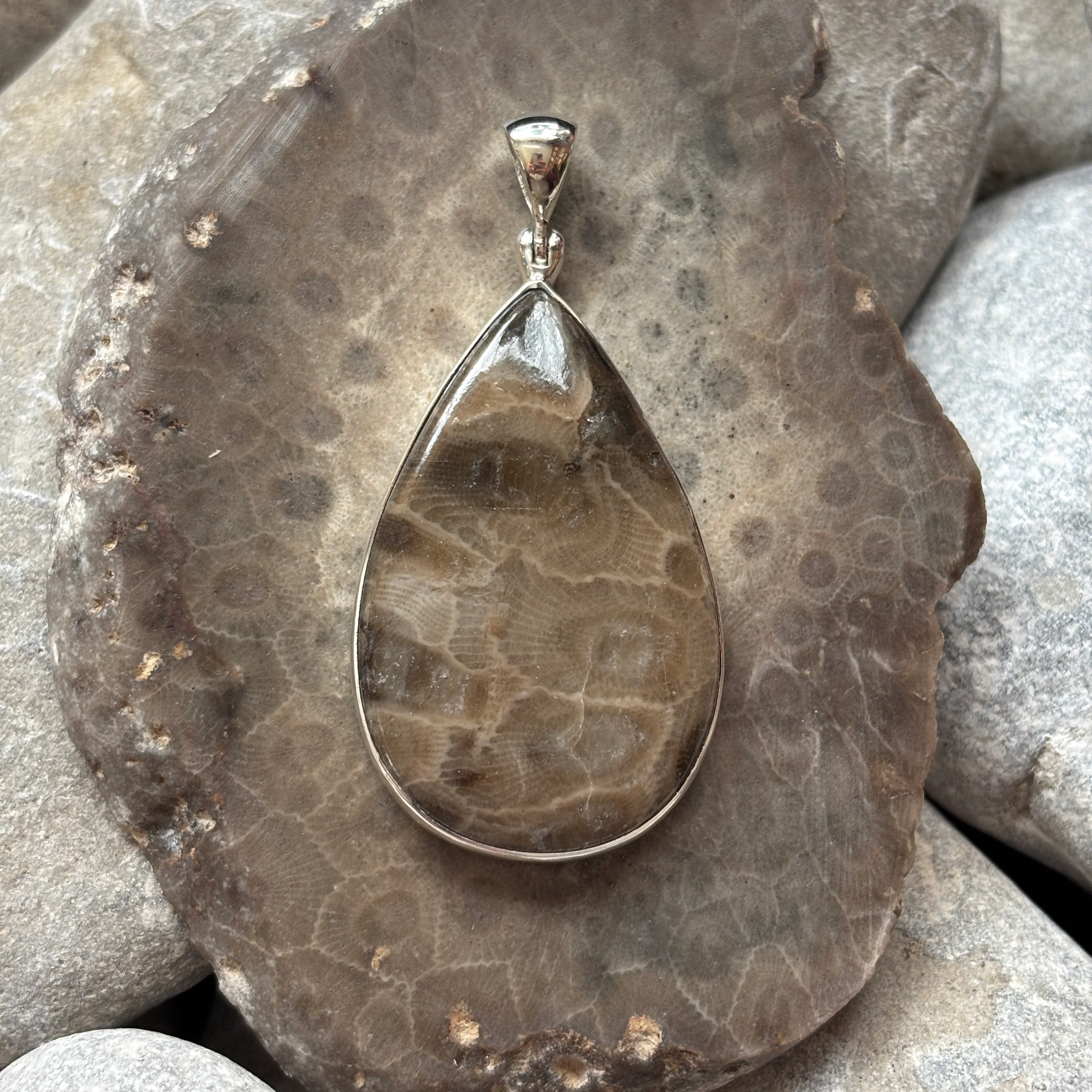 Petoskey Stone Necklace Pendant Encased in Sterling Silver Teardrop Shape - Image 5