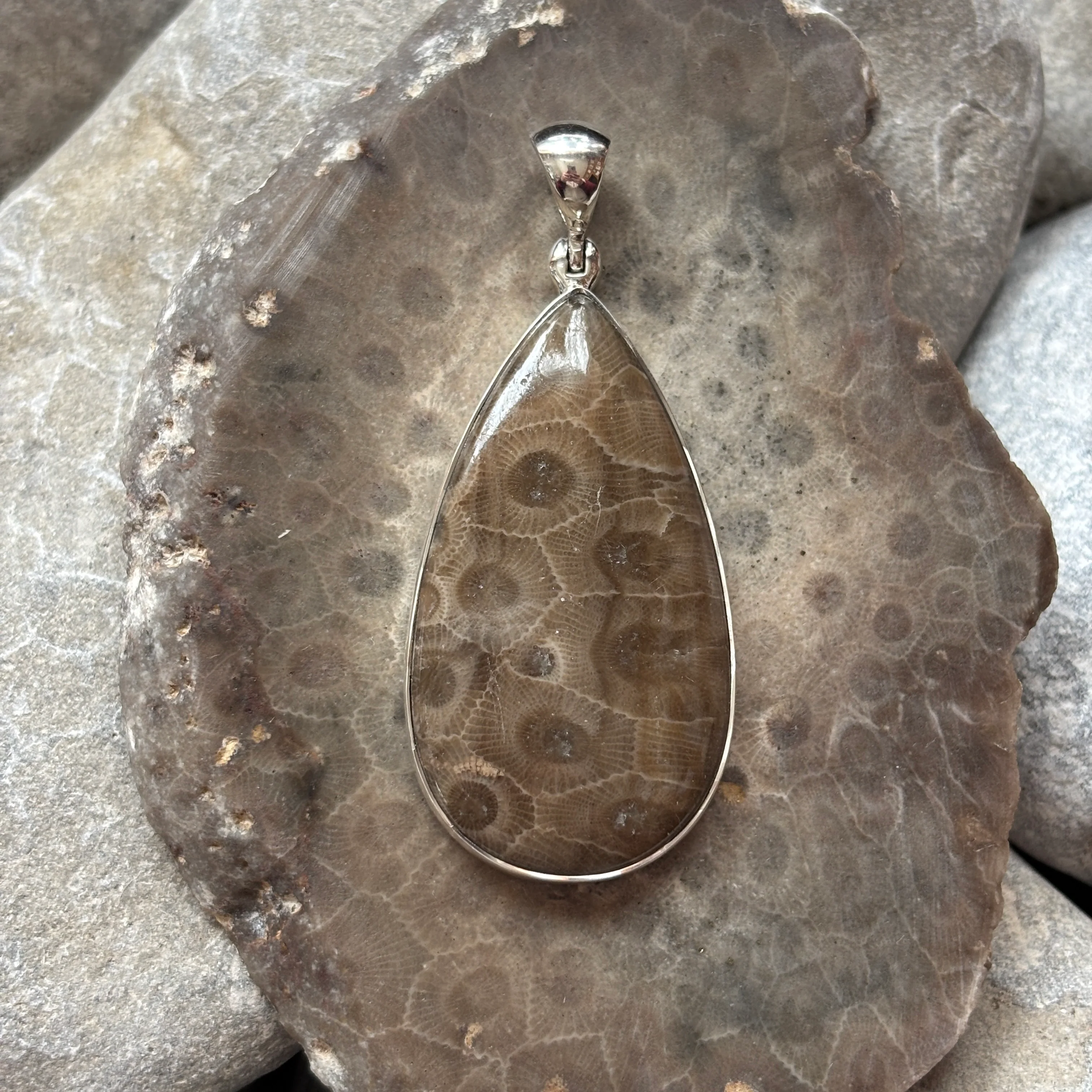 Petoskey Stone Necklace Pendant Encased in Sterling Silver Teardrop Shape - Image 6