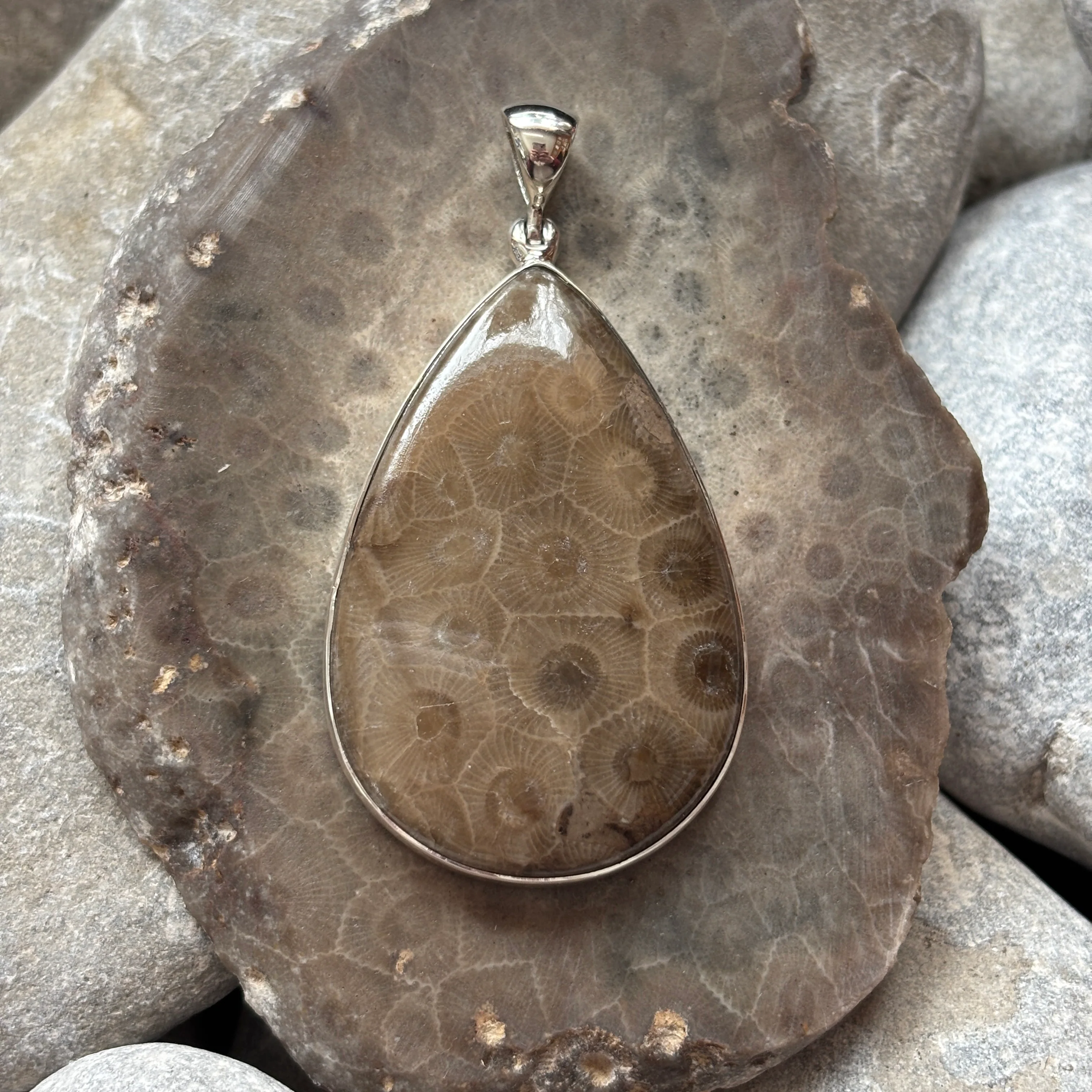 Petoskey Stone Necklace Pendant Encased in Sterling Silver Teardrop Shape - Image 7