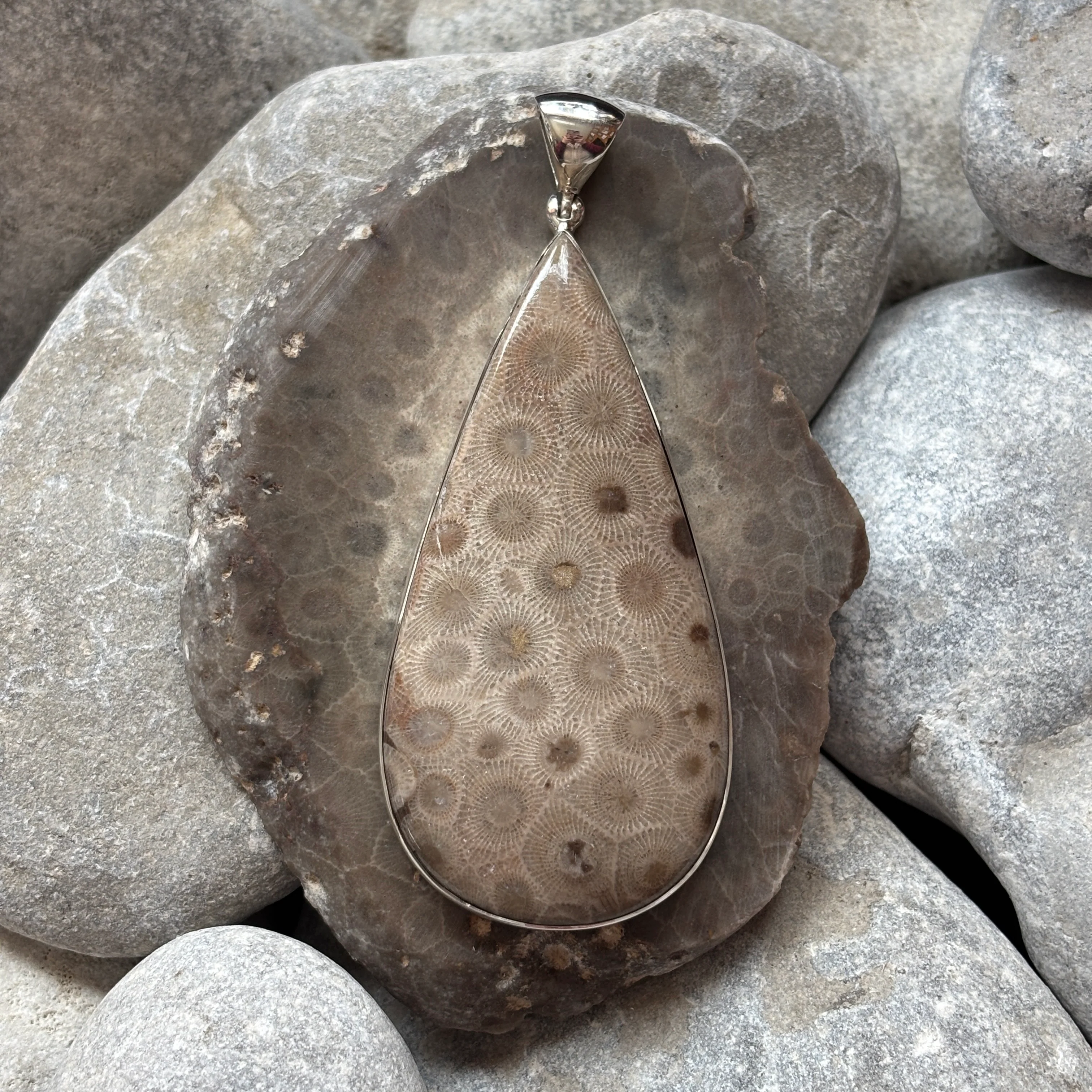 Petoskey Stone Necklace Pendant Encased in Sterling Silver Teardrop Shape - Image 8