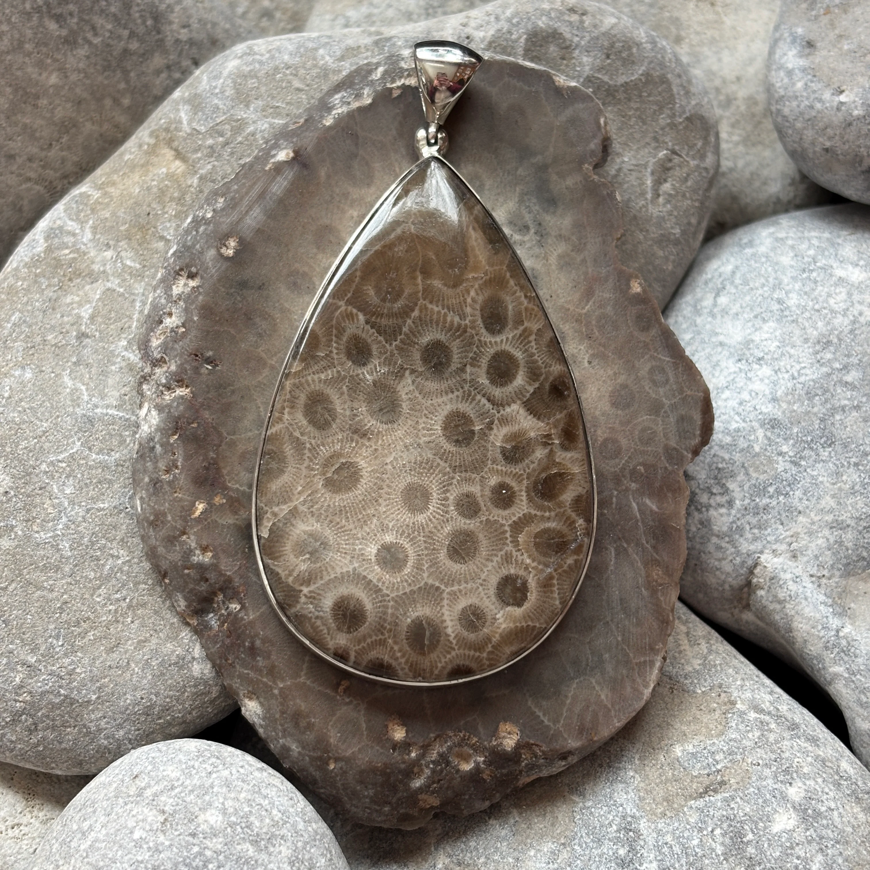 Petoskey Stone Necklace Pendant Encased in Sterling Silver Teardrop Shape - Image 9