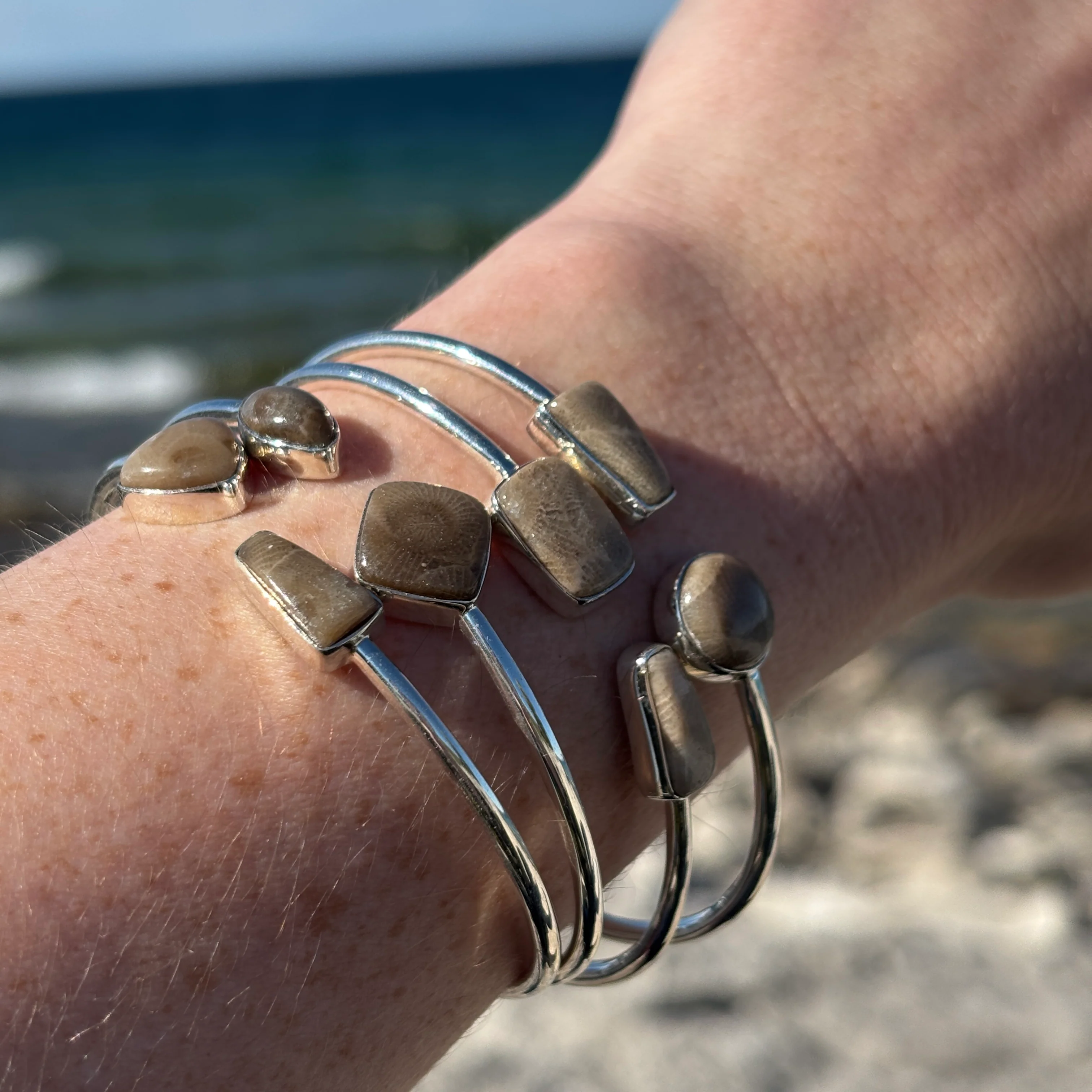 Sterling Silver Petoskey Stone Bangle Bracelets - Image 2