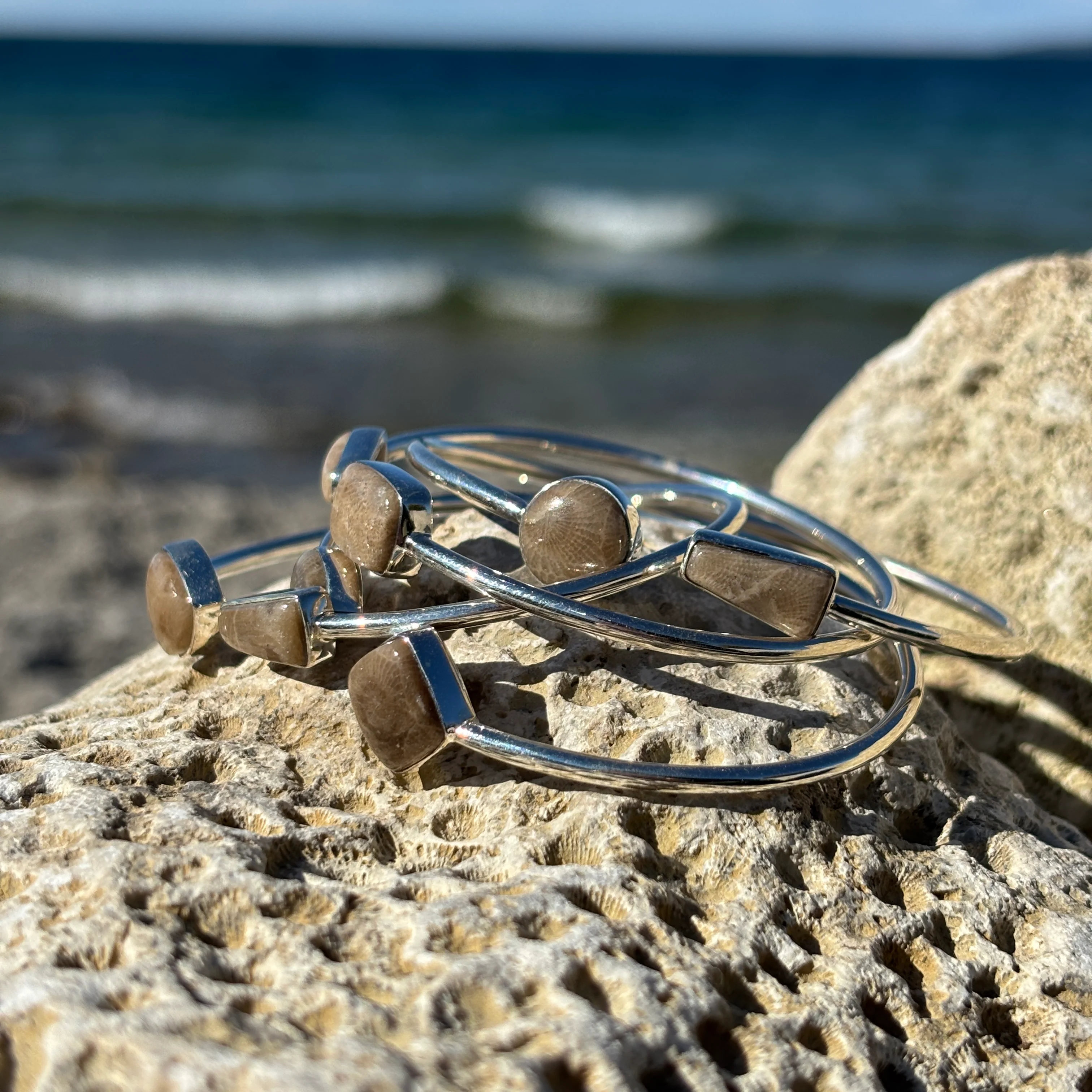 Sterling Silver Petoskey Stone Bangle Bracelets - Image 3